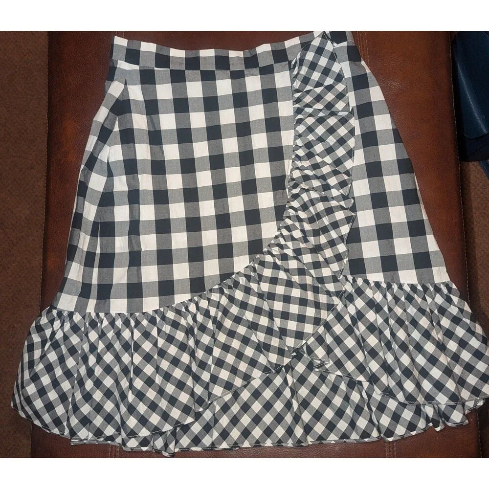 J. Crew Gingham Ruffle Mini Skirt Asymmetric Check Black White Womens 6T Cottage